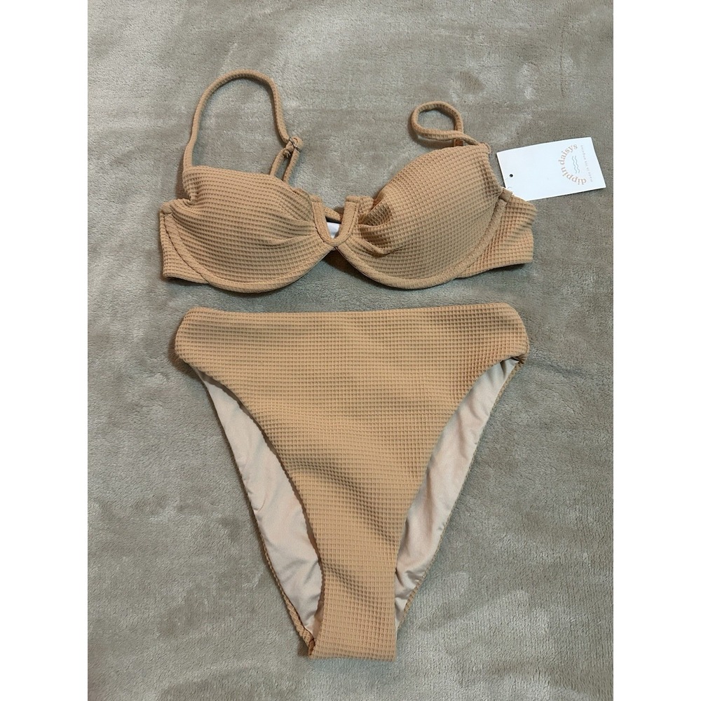 NWT Dippin Daisy's Waffle Texture Bikini Set Nude Tan XS Underwire‎ High Cut